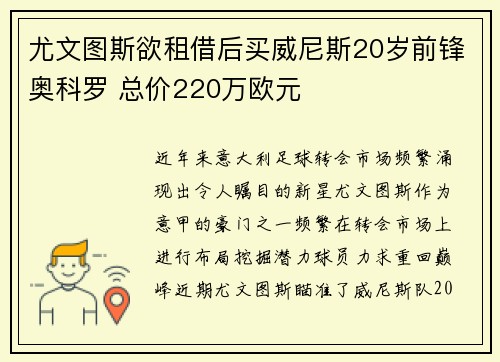 尤文图斯欲租借后买威尼斯20岁前锋奥科罗 总价220万欧元