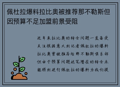 佩杜拉爆料拉比奥被推荐那不勒斯但因预算不足加盟前景受阻